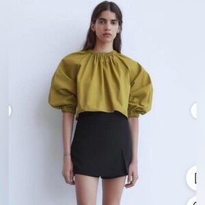 Zara Poplin Puff Sleeve Cropped Top Shirt Women’s Medium Mustard Gold Color